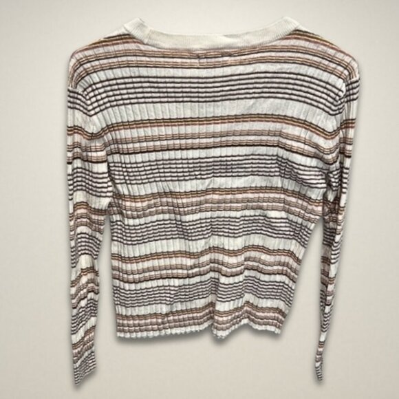 Nine West Cropped Sweater Ribbed Knit Striped Design Long Sleeve Cream/Brown W L - Picture 2 of 7